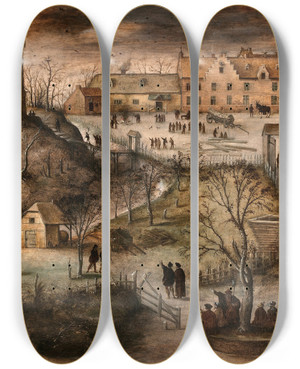Triptych art skateboard deck of Lucas Gassel Place Forte Dans Un Paysage Dhiver by Lucas Gassel (1490-1568)