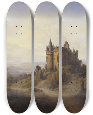 Triptych art skateboard deck of Frederik Sdring Slottet Bresheim Ved Eifelfloden by Frederik Sodring (1809-1862)