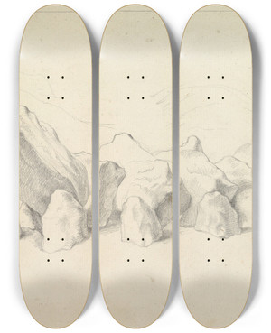 Triptych art skateboard deck of Johann Heinrich Wilhelm Tischbein A Prehistoric Stone Circle On A Mound An Extensive Landscape Beyond_1 by Johann Heinrich Wilhelm Tischbein (1751-1829)