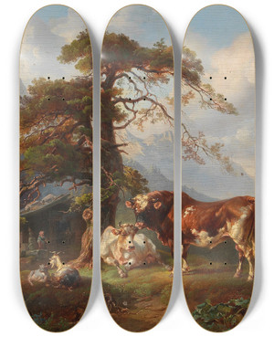 Triptych art skateboard deck of Joseph Heicke On The Alpine Pasture by Joseph Heicke (1811-1861)
