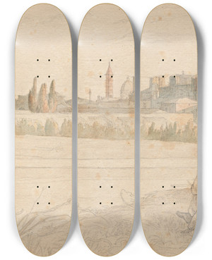 Triptych art skateboard deck of Franz Johann Heinrich Nadorp Album With Views Of Rome And Surroundings Landscape Studies Page 48A Roman Panoramic View by Franz Johann Heinrich Nadorp (1794-1876)