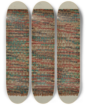 Triptych art skateboard deck of Lucille Chabot Shaker Rug Strips by Lucille Chabot
