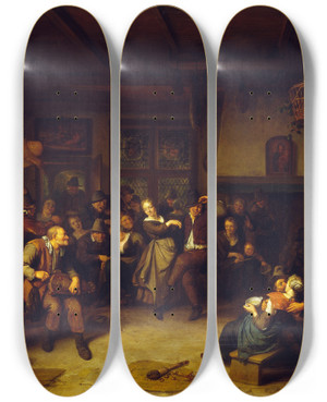 Triptych art skateboard deck of Richard Brakenburgh Dance In A Cottage by Richard Brakenburgh (1650-1702)
