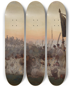 Triptych art skateboard deck of Jozef Chelmonski Scythemen Sketch For Racawice by Jozef Chelmonski (1849-1914)