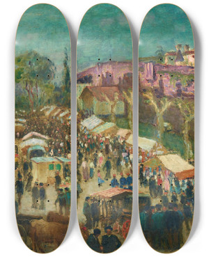 Triptych art skateboard deck of Daro De Regoyos March En Navarre by Daro de Regoyos (1857-1913)