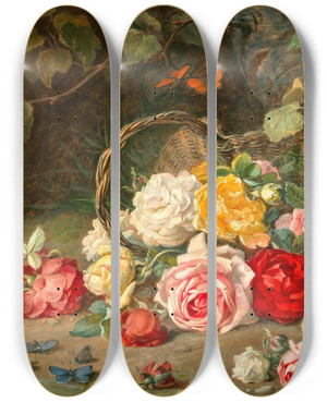 Triptych art skateboard deck of Josef Neugebauer Roses In A Basket by Josef Neugebauer (1810-1895)