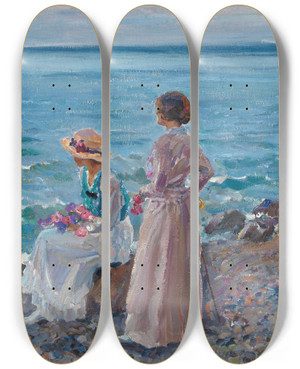 Triptych art skateboard deck of Sergei Arsenevich Vinogradov Women By The Sea by Sergei Arsenevich Vinogradov (1869-1938)