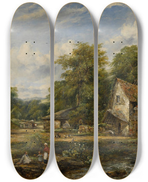 Triptych art skateboard deck of Frederick Waters Watts The Watermill by Frederick Waters Watts (1800-1870)