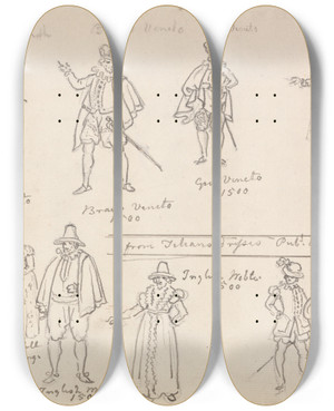 Triptych art skateboard deck of David Allan Costume Study by David Allan (1744-1796)
