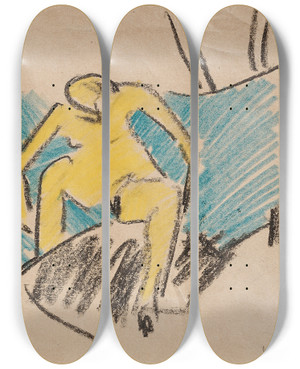 Triptych art skateboard deck of Ernst Ludwig Kirchner Badende_2 by Ernst Ludwig Kirchner (1880-1938)