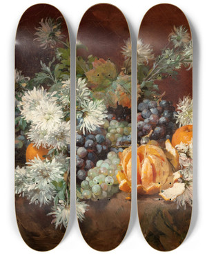 Triptych art skateboard deck of Louis Marie De Schryver Still Life With Fruits And Flowers by Louis Marie De Schryver (1862-1942)