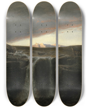 Triptych art skateboard deck of Arnold Bcklin Mountain Landscape With Waterfall by Arnold Bocklin (1827-1901)