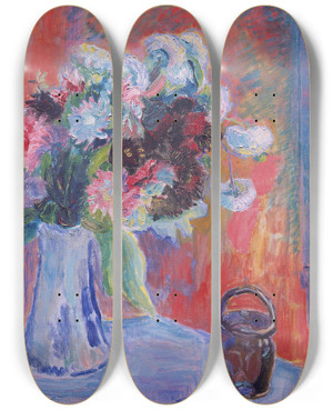 Triptych art skateboard deck of Thorvald Erichsen Flower Vase In Red Interior by Thorvald Erichsen (1868-1939)
