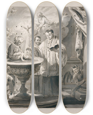 Triptych art skateboard deck of Pietro Antonio Novelli Baptism From The Sevensacraments by Pietro Antonio Novelli (1729-1804)