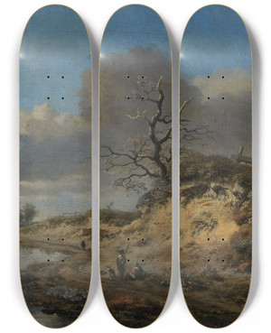Triptych art skateboard deck of Jan Wijnants Dune Landscape With A Sand Road Along A River by Jan Wijnants (1632-1684)
