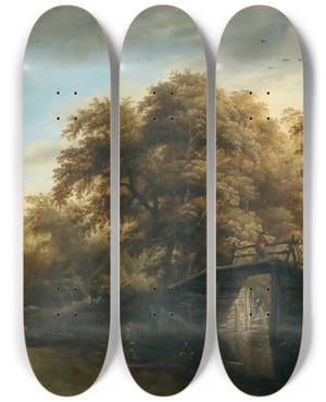 Triptych art skateboard deck of Roelof Jansz Van Vries A River Landscape With A Fisherman On A Bridge by Roelof Jansz. van Vries (1631-1681)