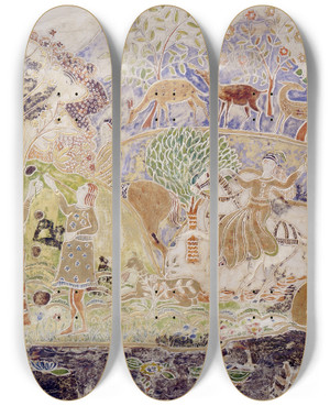 Triptych art skateboard deck of Charles Prendergast Figures And Deer by Charles Prendergast (1863-1948)