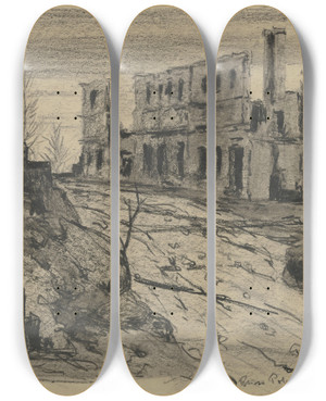 Triptych art skateboard deck of Reinhard Pfaehler Von Othegraven Verbrannte Erde In Russischpolen by Reinhard Pfaehler Von Othegraven