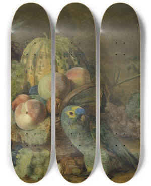 Triptych art skateboard deck of Ferdinand Georg Waldmller Frchtestillleben Mit Papagei by Ferdinand Georg Waldmuller (1793-1865)
