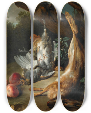 Triptych art skateboard deck of Jeanbaptiste Oudry Still Life With Dead Game And Peaches In A Landscape by Jean-Baptiste Oudry (1686-1755)