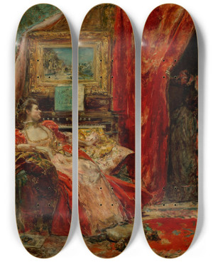 Triptych art skateboard deck of Eduardo Leon Garrido A Surprise by Eduardo Leon Garrido (1856-1906)