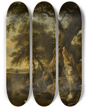 Triptych art skateboard deck of Jan Wijnants River Landscape With Fisherman And Hunter by Jan Wijnants (1632-1684)