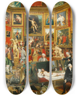 Triptych art skateboard deck of Johan Joseph Zoffany Tribuna Of The Uffizi by Johan Joseph Zoffany (1733-1810)