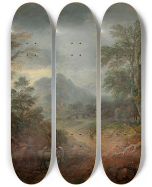 Triptych art skateboard deck of Thomas Gainsborough A Wooded Landscape With Donkeys And Figures On A Path by Thomas Gainsborough (1727-1788)