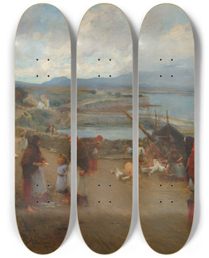 Triptych art skateboard deck of Walter Frederick Osborne Life In Connemara A Market Day by Walter Frederick Osborne (1859-1903)