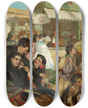 Triptych art skateboard deck of John Bagnold Burgess The Fan Seller by John Bagnold Burgess (1830-1897)