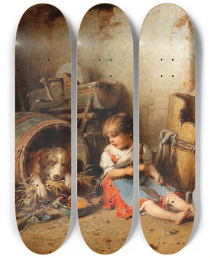 Triptych art skateboard deck of Hermann Kern Playfellows by Hermann Kern (1838-1912)