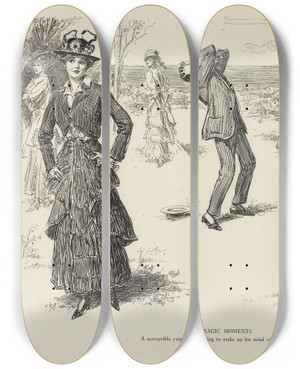 Triptych art skateboard deck of Charles Dana Gibson Tragic Moments A Susceptible Young Man Trying To Make Up His Mind Which Way To Turn by Charles Dana Gibson (1867-1944)