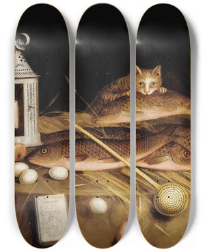 Triptych art skateboard deck of Circle Of Sebastian Stoskopff Kitchen Still Life With Fish And Cat by Circle Of Sebastian Stoskopff (1597-1657)
