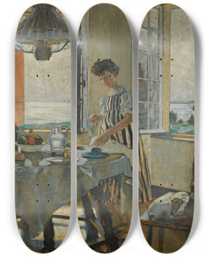 Triptych art skateboard deck of Lucien Simon Le Petit Dejeuner by Lucien Simon (1861-1945)