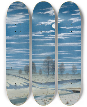 Triptych art skateboard deck of Henry Farrer Winter Scene In Moonlight by Henry Farrer (1843-1903)