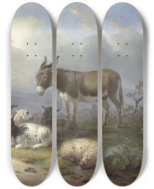 Triptych art skateboard deck of Dirk Van Oosterhoudt Landschap Met Ezel Geit En Schapen by Dirk Van Oosterhoudt (1756-1830)