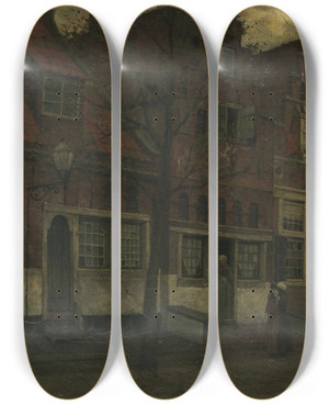 Triptych art skateboard deck of Eduard Karsen Houses On The Breedstraat Enkhuizen by Eduard Karsen (1860-1941)