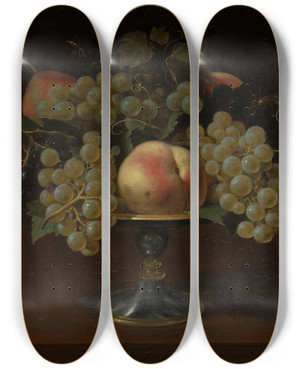 Triptych art skateboard deck of Panfilo Nuvolone Still Life Of Grapes And Peaches by Panfilo Nuvolone (1581-1651)