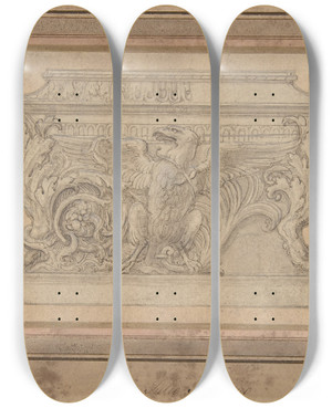 Triptych art skateboard deck of Giulio Romano Design For A Casket With The Gonzaga Eagle by Giulio Romano (1492-1546)