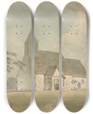Triptych art skateboard deck of Samuel Davis Church With Wooden Belfry_2 by Samuel Davis (1757-1819)
