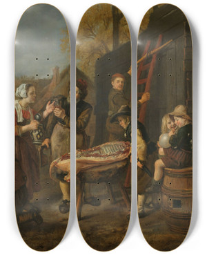 Triptych art skateboard deck of Jan Victors Butchering A Pig by Jan Victors (1619-1677)