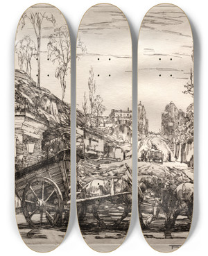 Triptych art skateboard deck of Frank Wilcox Paris Gate by Frank Wilcox (1887-1964)