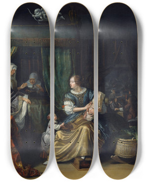Triptych art skateboard deck of Matthijs Naiveu The Newborn Baby by Matthijs Naiveu (1647-1726)