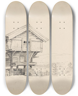 Triptych art skateboard deck of Adolph Tidemand Stabbur Bolkesj by Adolph Tidemand (1814-1876)