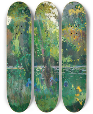 Triptych art skateboard deck of Joaquin Mir Trinxet Riverbank In The Forest by Joaquin Mir Trinxet (1873-1940)