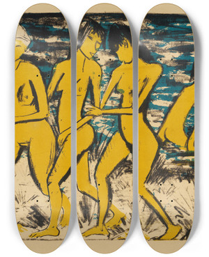 Triptych art skateboard deck of Otto Mueller Fnf Gelbe Akte Am Wasser_2 by Otto Mueller (1874-1930)