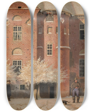 Triptych art skateboard deck of Christen Dalsgaard The Manor Of Krabbesholm In Jutland by Christen Dalsgaard (1824-1907)