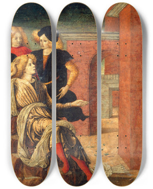 Triptych art skateboard deck of Liberale Da Verona Scene From A Novella by Liberale da Verona (1441-1526)