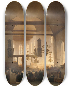 Triptych art skateboard deck of Johannes Bosboom A Service In The Geertekerk Utrecht by Johannes Bosboom (1817-1891)