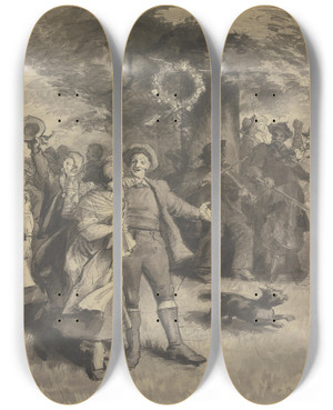 Triptych art skateboard deck of Theodor Alt Dancing Farmers by Theodor Alt (1846-1937)